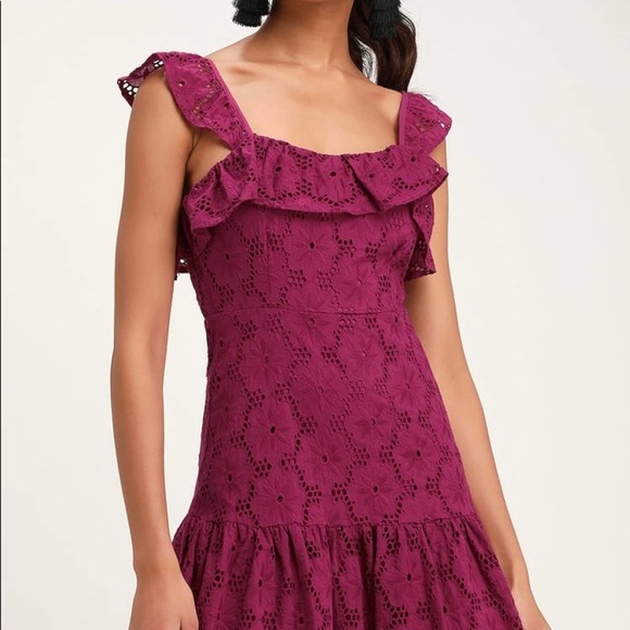 Lulu’s Biscay Magenta Ruffled Eyelet Lace Sleeveless Dress in Large - Picture 2 of 15